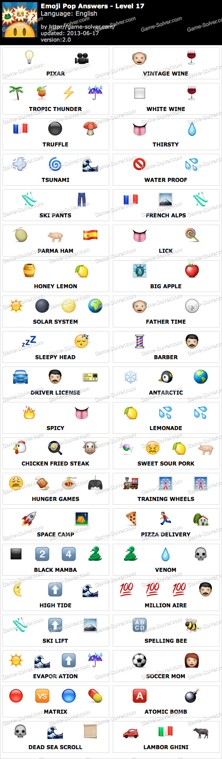 Emoji Pop Level 17 Word List