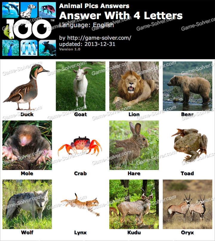 Animal Pics 4 Letters • Game Solver