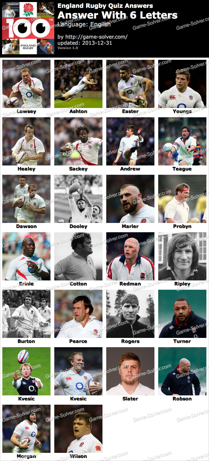 England Rugby Quiz 6 Letters Game Solver