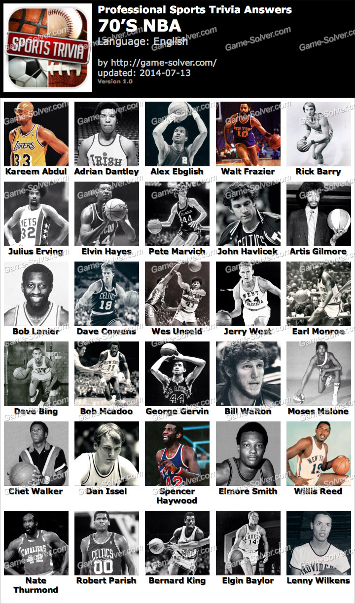 Professional Sports Trivia 70s NBA Answers Game Solver