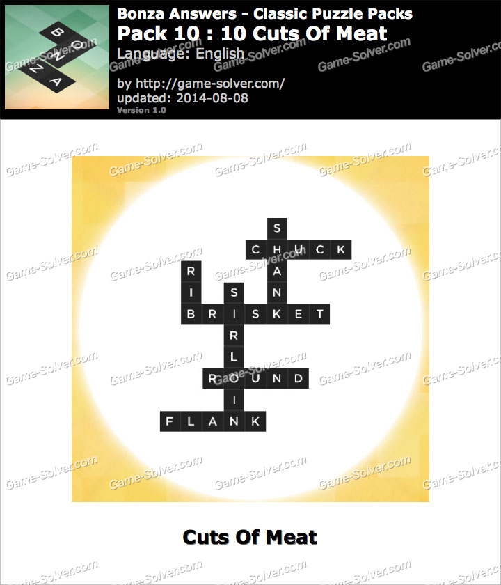 Bonza Answers Classic Puzzle Pack 10 10 Cuts Of Meat • Game Solver