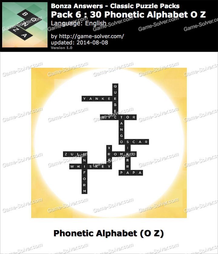 Bonza Answers Classic Puzzle Pack 6 30 Phonetic Alphabet O Z Game Solver