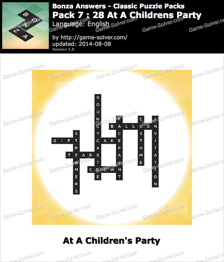 Bonza Answers Classic Puzzle Pack 7 28 At A Childrens Party • Game Solver