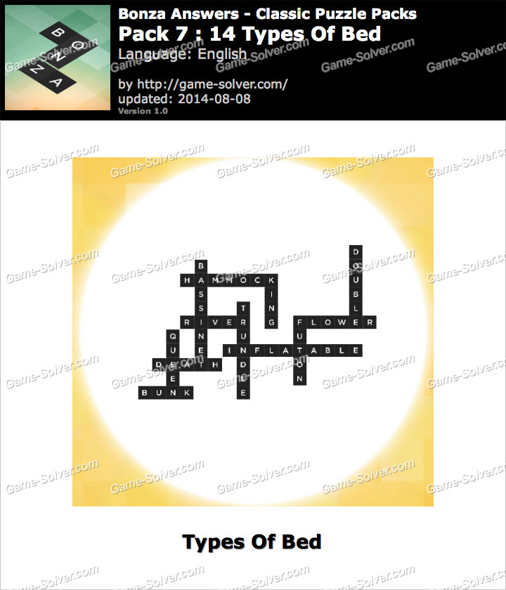 Bonza Answers Classic Puzzle Pack 7 14 Types Of Bed • Game Solver