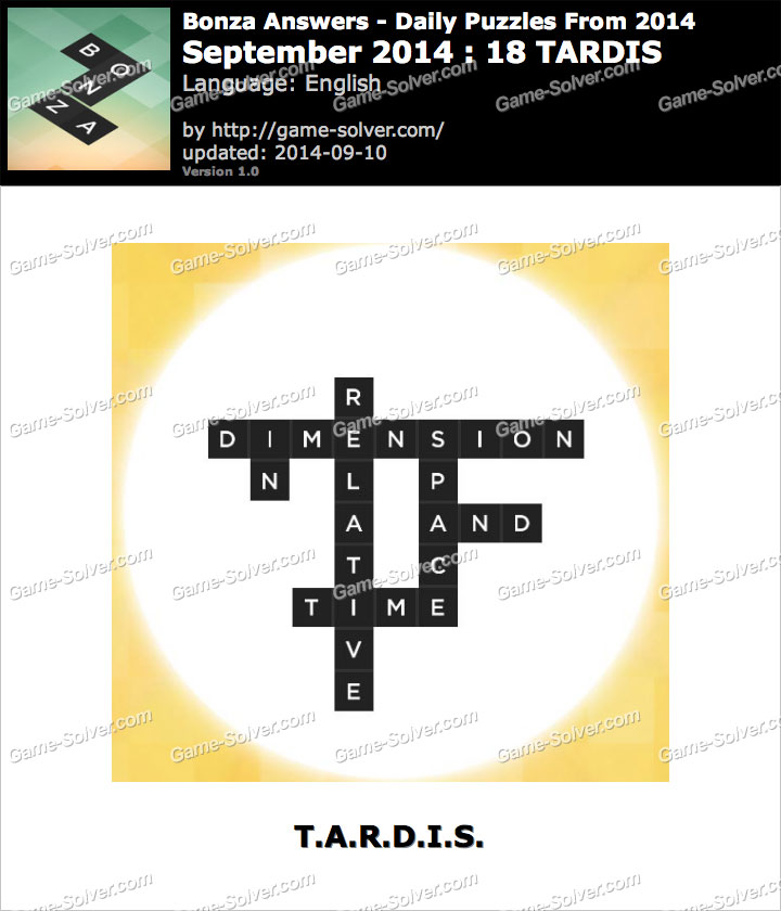 Bonza Answers September 2014 18 TARDIS • Game Solver