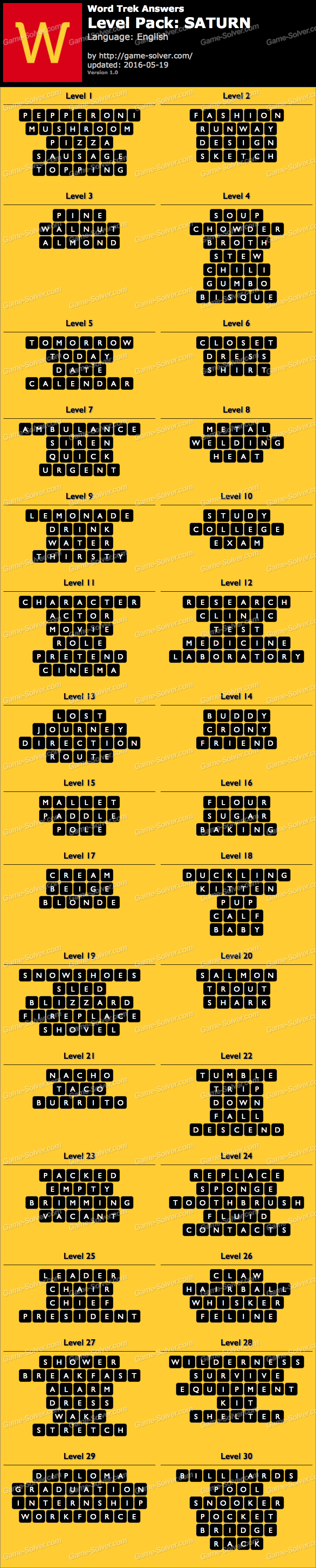 Word Trek Level Pack 67 SATURN Answers • Game Solver