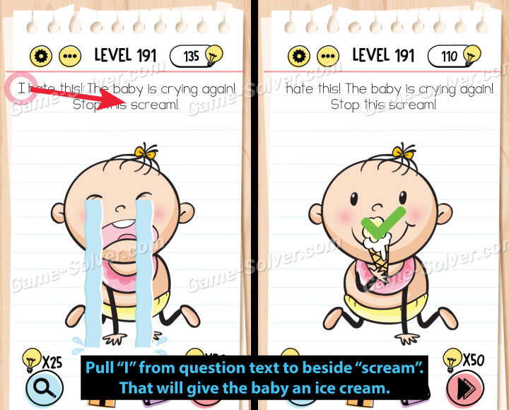 Brain Test Level 191 I hate this! The baby is crying again! Stop this  scream Answer 